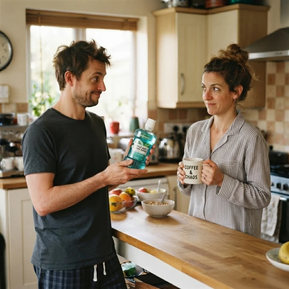 Couple in the kitchen — one holding out mouthwash like it's the obvious answer, the other unconvinced