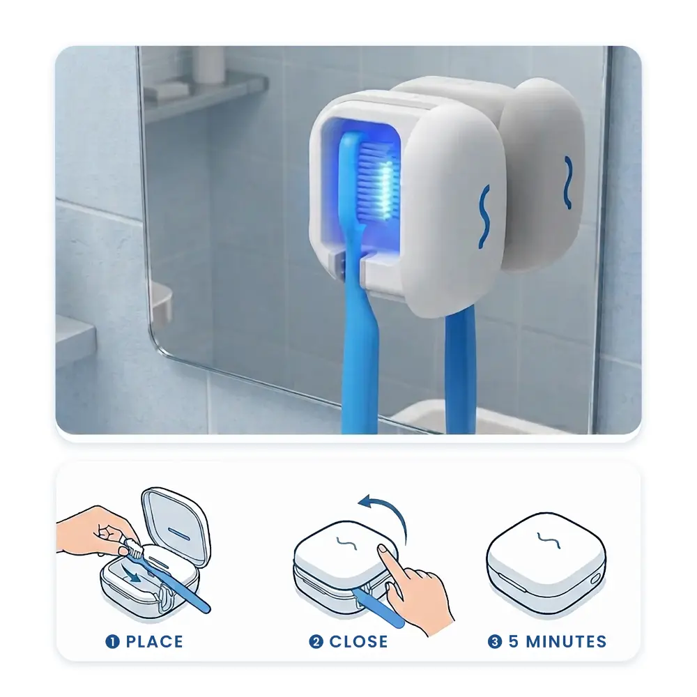 Sterl Mini mounted on the bathroom mirror, lid open, toothbrush inside — the one change that made the difference