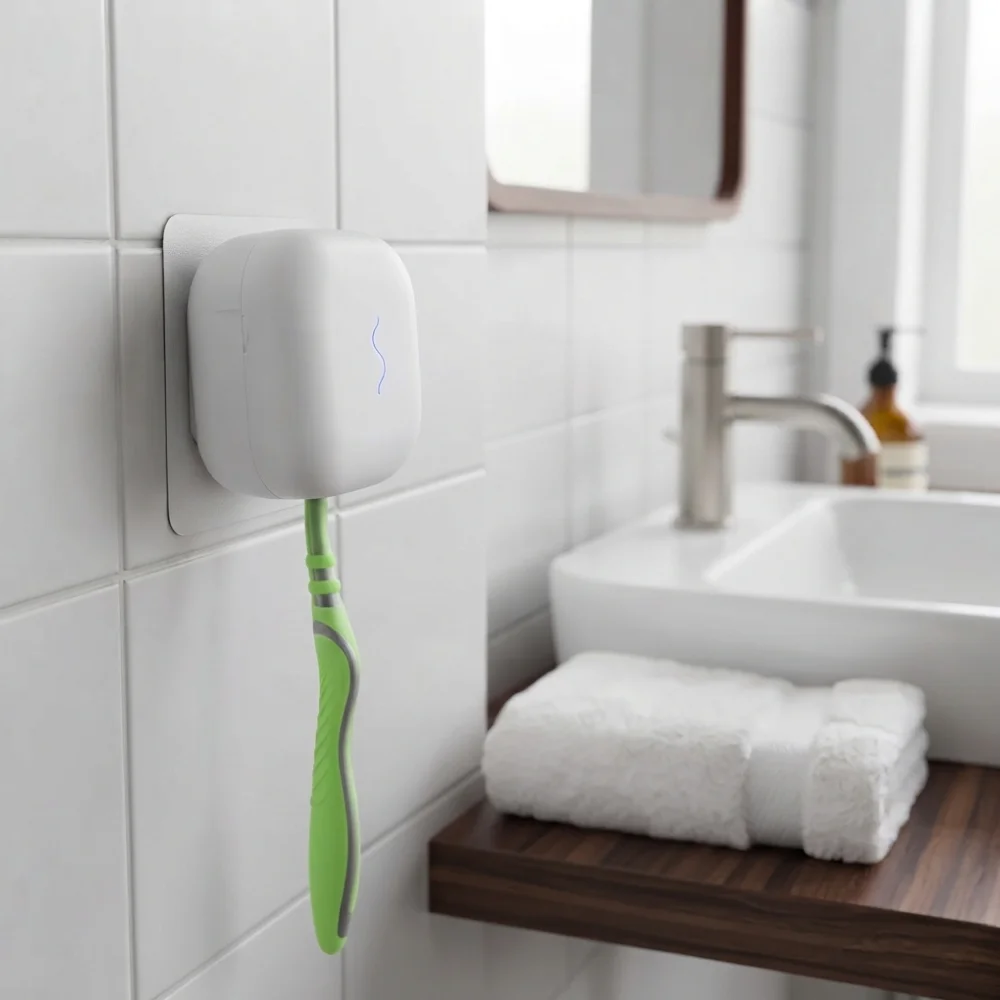 Clean bathroom counter, Sterl Mini mounted on the mirror — the cup by the sink is gone
