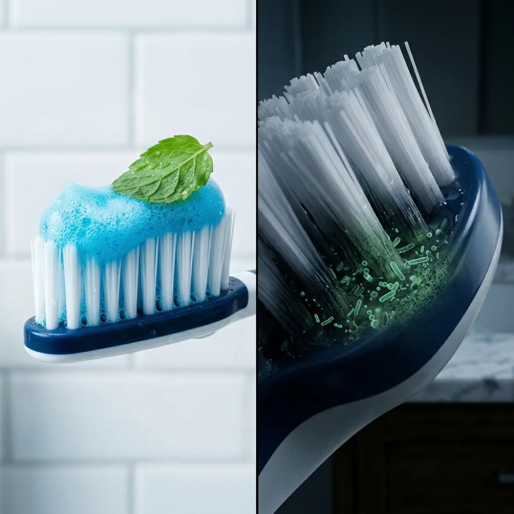 A hand rinsing a toothbrush under running water — this isn't sanitizing