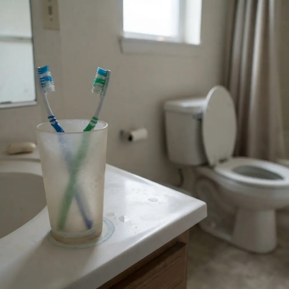 Shared bathroom — two toothbrushes crammed in one cup by the sink, toilet a few feet away
