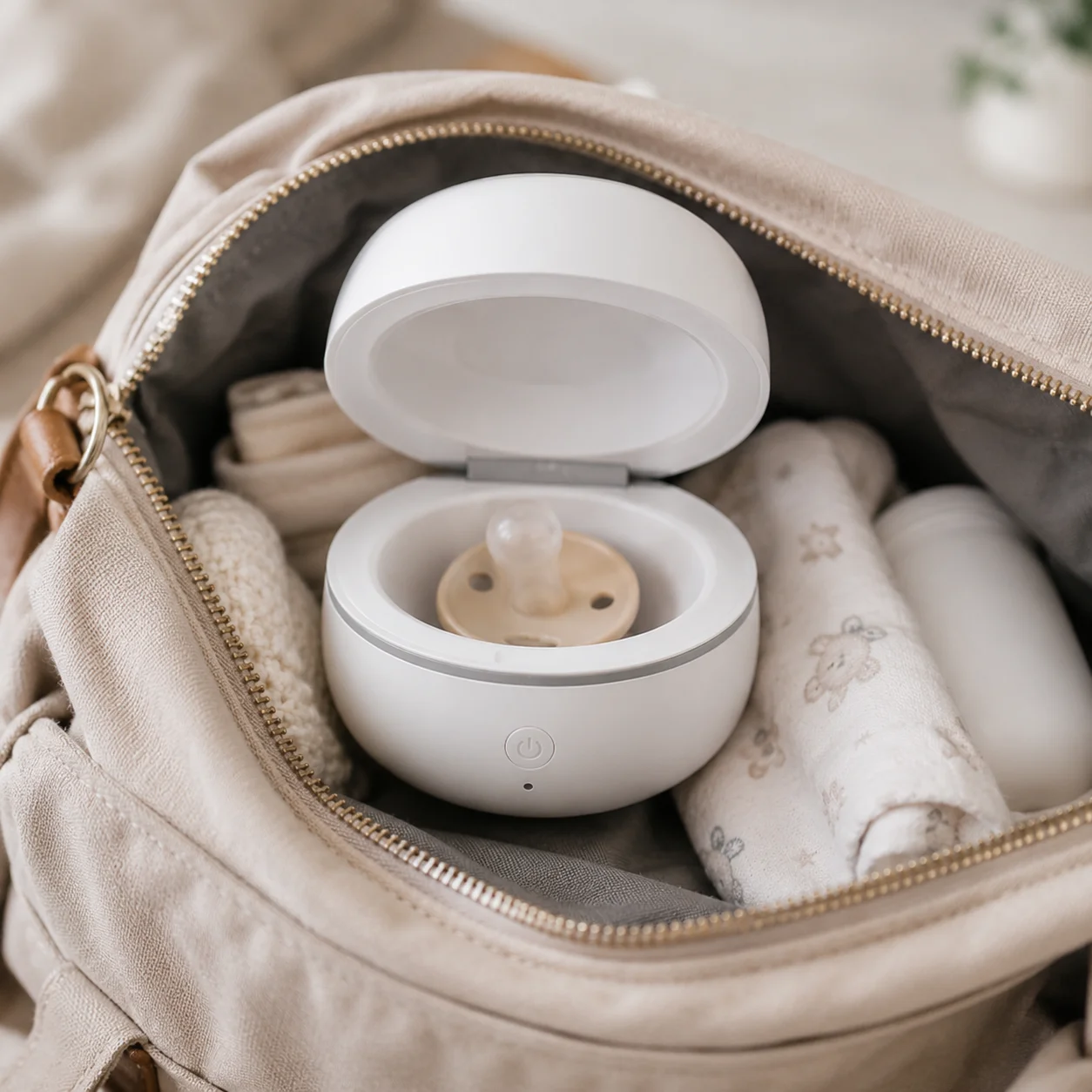 Sterl Nest sitting on a living room side table beside a baby monitor, compact and unobtrusive