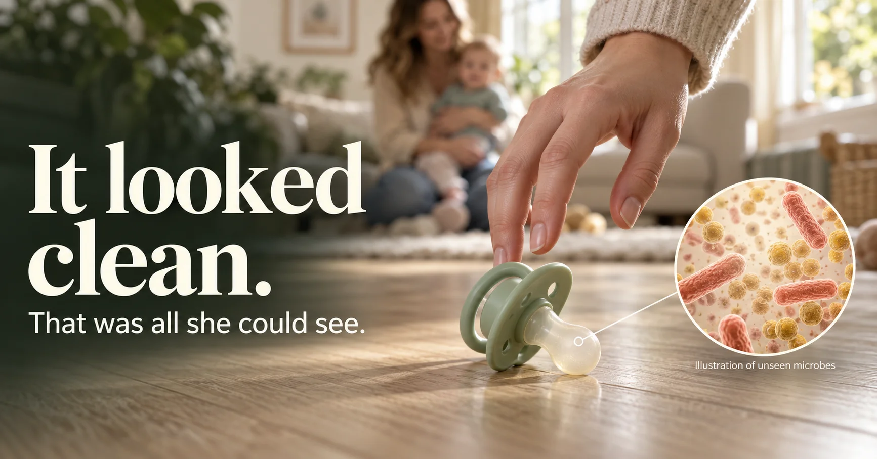Pacifier lying on a clean-looking hardwood floor