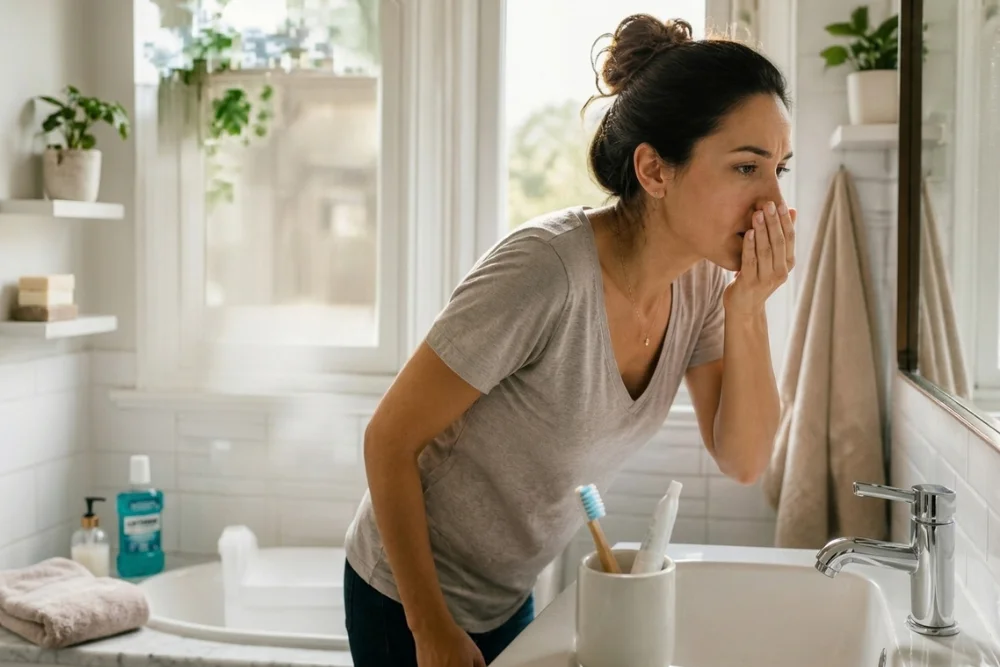 Woman at the bathroom sink discreetly checking her breath, toothbrush cup on the counter beside her