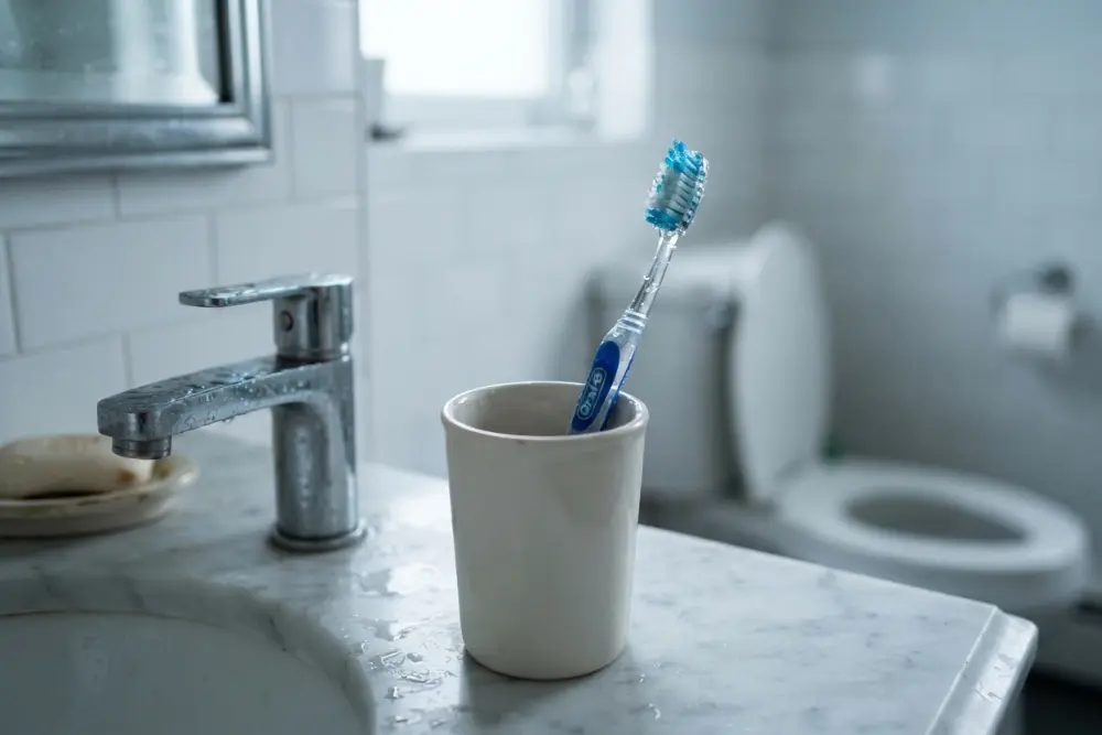 Toothbrush standing in a cup beside the bathroom sink, bristles still wet, toilet soft-focused in the background